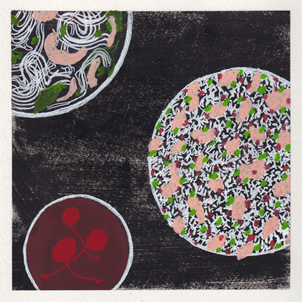 Image: An illustration of an overhead view of the bowl of phở, chicken fried rice, and cranberry soda with three floating maraschino cherries all sitting on a textured black background. The bowl of phở in the top left corner has white noodles, and abstract green and light pink shapes. The bowl of chicken fried rice has small white grains, small green and red dots, and abstract light pink shapes. Illustration by Damiane Nickles.