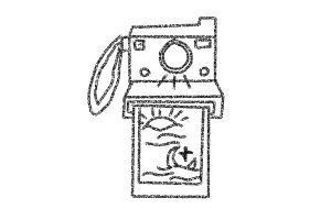 Digital illustration of a polaroid camera with film coming out of the front. The image on the polaroid is of the sun, the moon, and a star. Illustration by Kyra Horton.