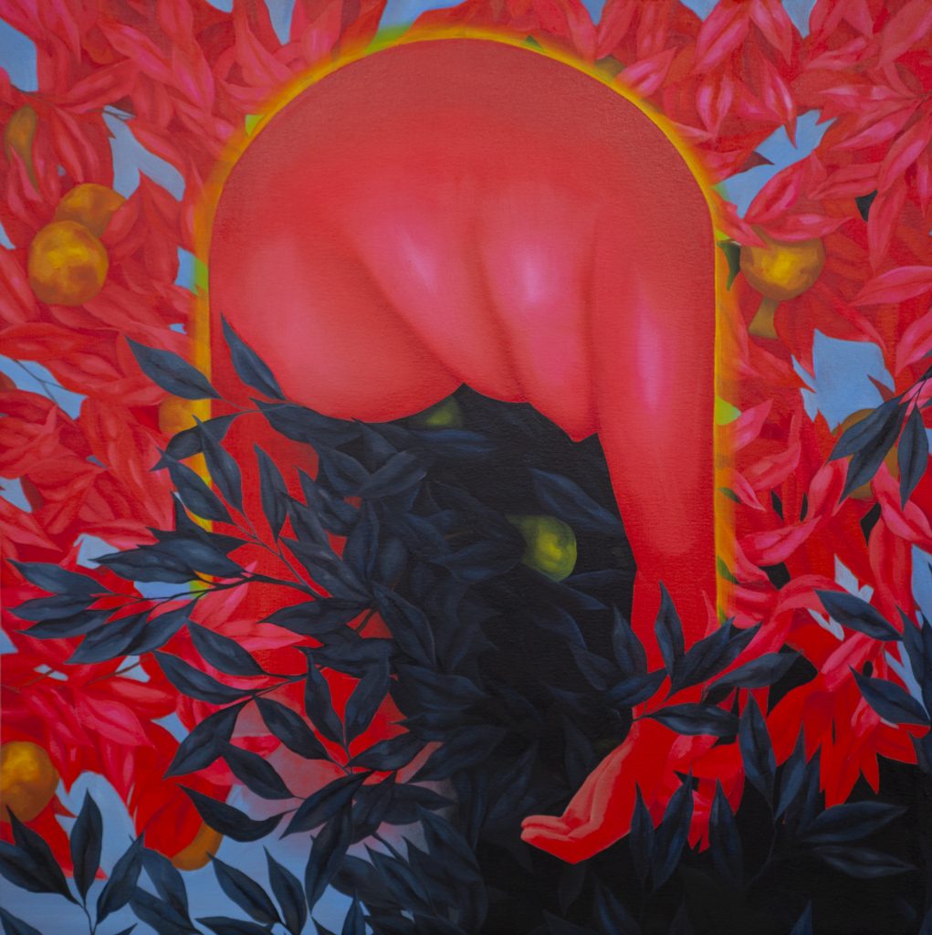 Image: Brittney Leeanne Wiliams, Arch with Yellow Halo, 2021, oil on canvas, 29 1/2 x 29 1/2 in, 74.9 x 74.9 cm. Courtesy of the artist and Monique Meloche Gallery. The painting depicts a hot pinkish-red body bending in an arch shape over green leaves. Pinkish-red leaves with fruit are growing in the background.