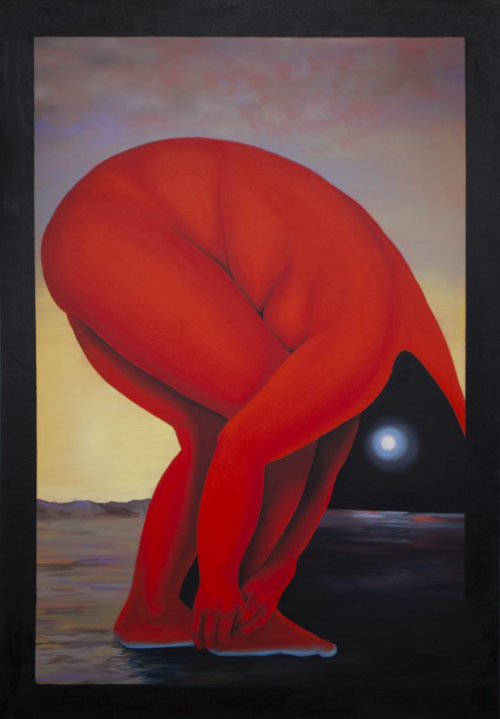 Brittney Leeanne Wiliams, Heel, 2021, oil on canvas, 50 x 35 1/2 in, 127 x 90.2 cm. Courtesy of the artist and Monique Meloche Gallery. The painting depicts a red-colored body bending over and touching their heel. The background is a barren landscape and changes from day to night from left to right. There is a bright moon where the head would be.