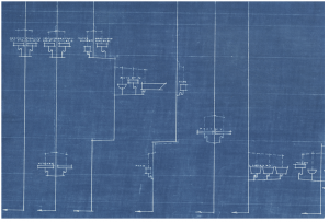 Image: Anatomy Of by Kioto Aoki. A sectional cyanotypes created from original architectural drawings of the Countiss Mansion from 1916. The image is blue and white. Courtesy of the artist.