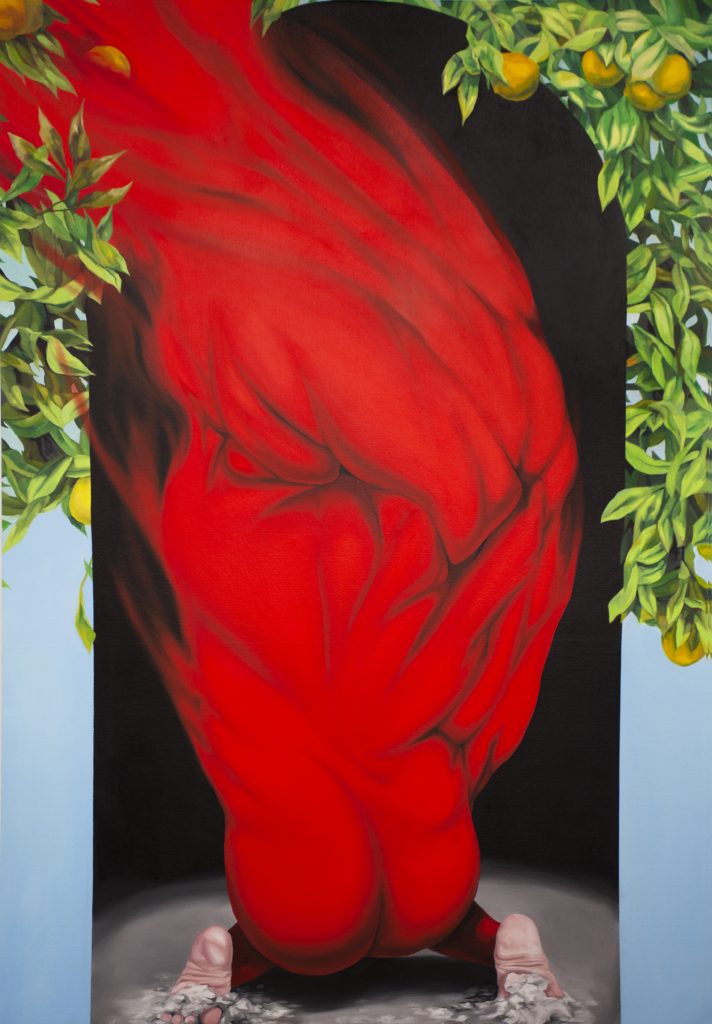 Image: Brittney Leeanne Wiliams, The Break of a Curse, 2021, oil on canvas, 60 x 42 in, 152.4 x 106.7 cm. Courtesy of the artist and Monique Meloche Gallery. The painting depicts and abstract, red-colored body that is crouching down and then transforms into organic shapes as it grows upward towards the top of the frame. Green leaves and oranges grow around the edges of the frame.