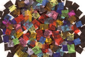 An abstract illustration of many different colored overlapping squares cut from tissue paper.