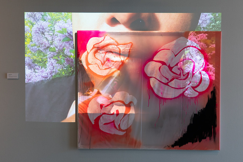 Image: Alexander Martin, Prism Power, 2021. The image shows a bright pink, orange, and black painting of flowers with a projection Transparent drop cloth with video projection. Photo by Jessica Bingham. Courtesy of University Galleries of Illinois State University.