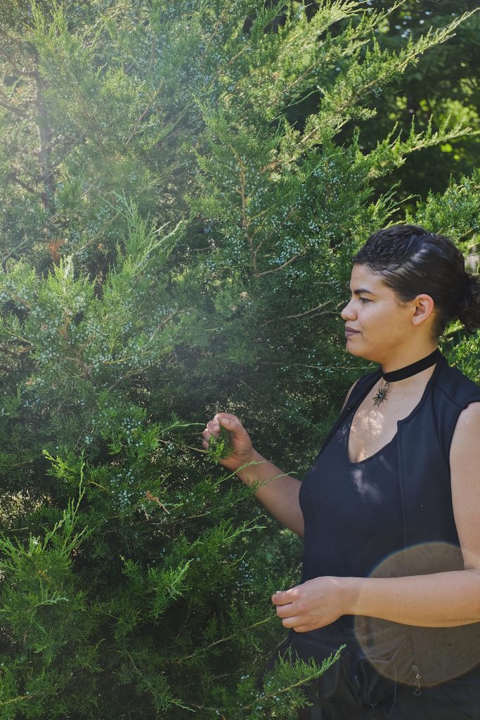 Image: A portrait of Brenda Pagan looking outside of the frame, dressed in all black, wearing a black necklace, and with one hand holding the small branch of a tree. Photo by Erick Minnis.