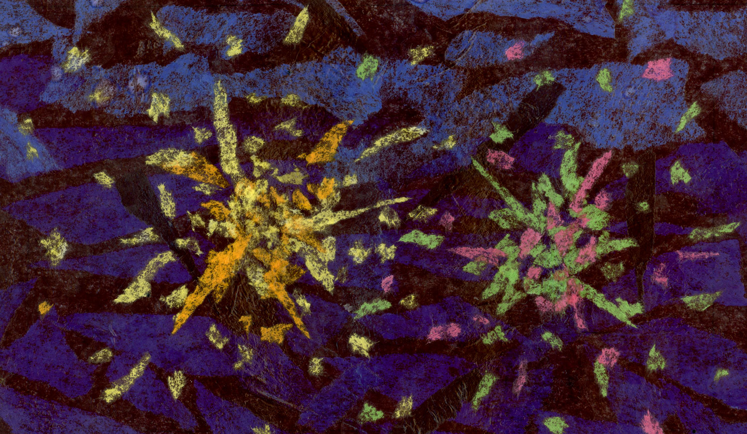 An abstract illustration of fireworks created from different colored pieces of tissue paper. The sky in the background is black with deep shades of blue and the fireworks are yellow, orange, green, and pink.