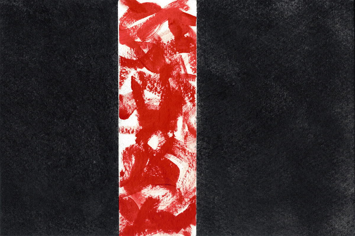 Featured image: Both sides of the image are filled with layers of graphite powder with that euphoric and turbulent energy being represented by the gestural marks in between those graphite margins. The left and right sides of the image are dark grey and the middle is red. Image by Damiane Nickles.