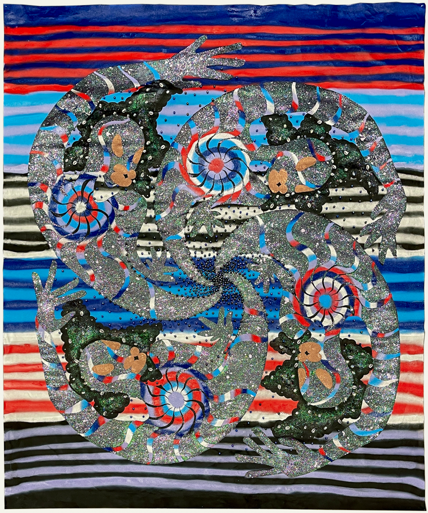 Image: "Spinning Satellites" by Erin LeAnn Mitchell. Acrylic, spray paint, beads, fabric appliqué on canvas 60 x 60 inches, 2021. A large, colorful abstract piece with horizontal stripes in the background and swirls in the foreground.Courtesy of the artist and FLXST Contemporary.