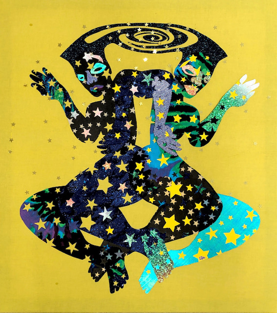 Image: "Sistars" by Erin LeAnn Mitchell. Acrylic, fabric appliqué, confetti stars with wooden panel backing, 32 x 36 x 1 inches, 2021. The piece shows two colorful figures intertwined and made up of stars floating against a yellow background. Courtesy of the artist and FLXST Contemporary.