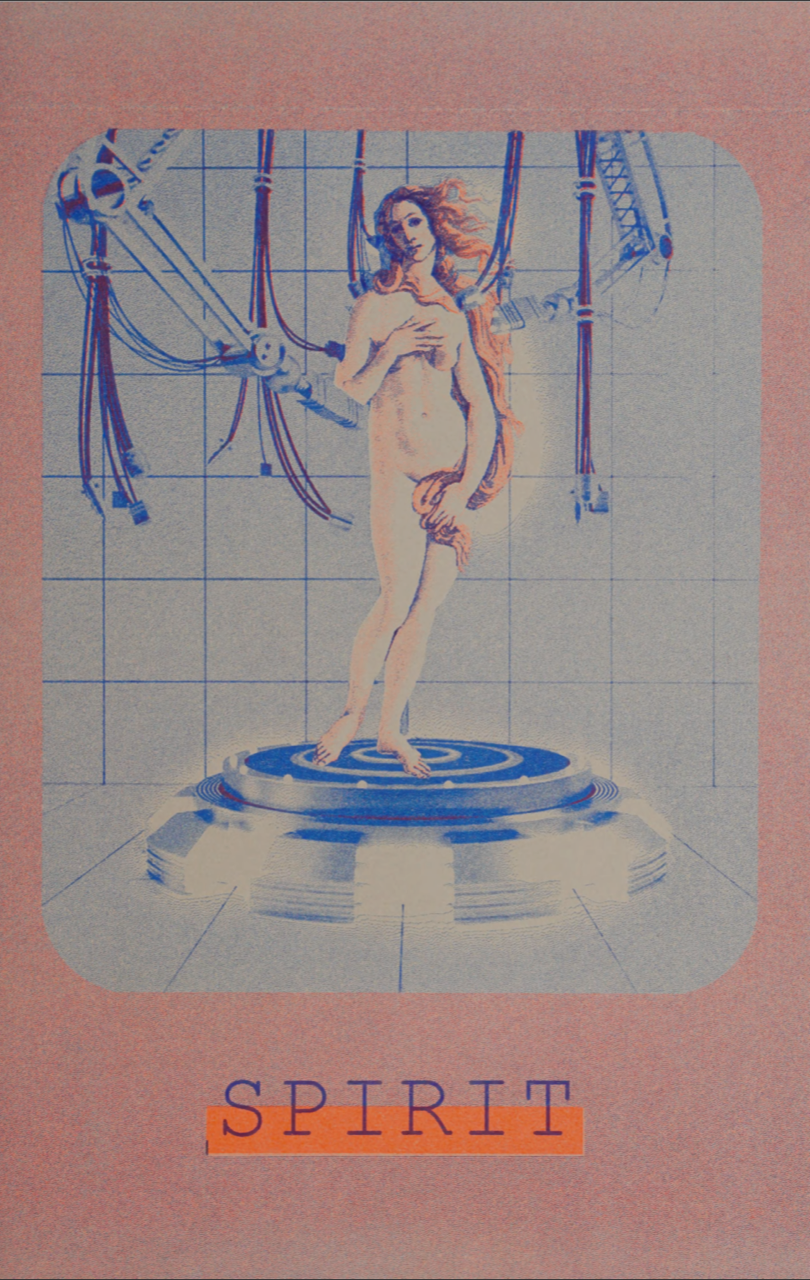 Image: “Spirit” digital collage, risograph print by Whitney Humphreys. The piece shows Sandro Botticelli’s Venus in blues and pinks standing with robot arms and hands all around her. Around the figure is blue, then pink negative space. Underneath the figure is the world "SPIRIT". Image courtesy of the Internet Archive.