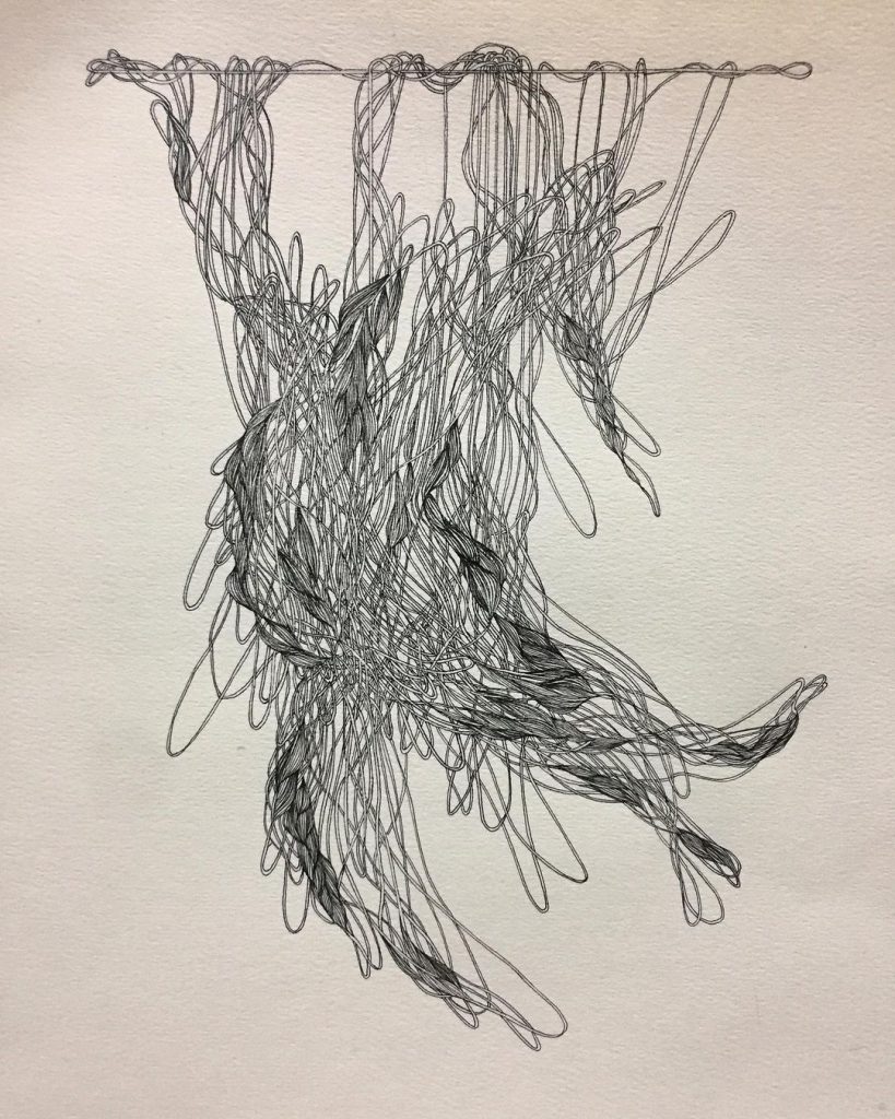 Image: Setareh Afzali, "Suspended," 2019. Drawing pen on cardboard, 25×30 cm. A black and white drawing of an organic tangle of thread hanging. Image courtesy of Didaar Art Collective.