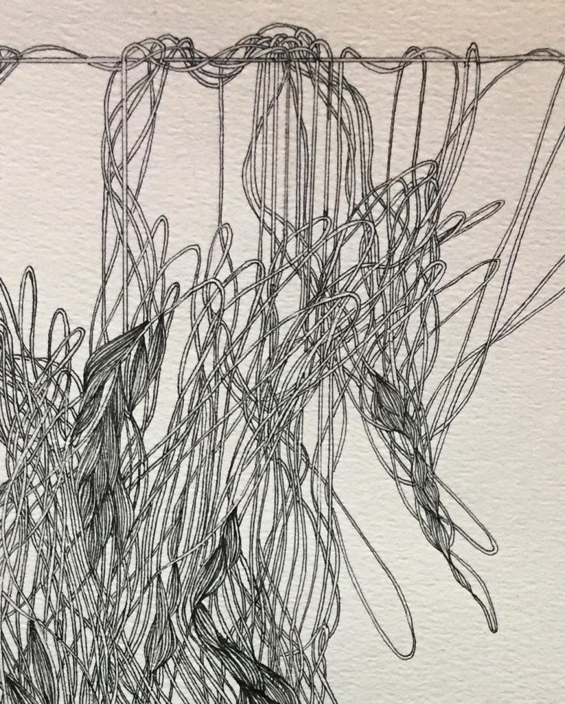 Image: A detail of Setareh Afzali's "Suspended," 2019. Drawing pen on cardboard, 25×30 cm. A black and white drawing of an organic tangle of thread hanging. Image courtesy of Didaar Art Collective.