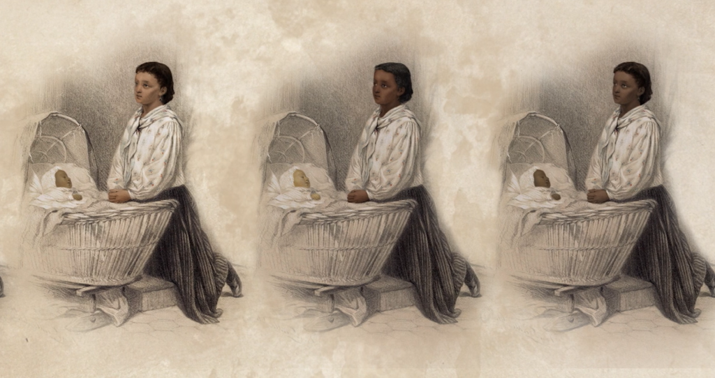 Image: Visual Art to Tell the Condition of the Mother Law by Carly Strohmaier. A drawing of three women each kneeling in front of a baby in a bed. All three mothers and all three babies have a variation of different skin tones. Courtesy of Mourning the Creation of Racial Categories Project.