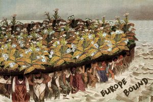 Image: A piece of art that says, "Europe Bound" on the bottom right side of the composition over water. The majority of the composition shows a mass of diverse people crouching under the weight of tobacco plants growing money, which sits on their shoulders. Artwork created by Carly Strohmaier. Image courtesy of Mourning the Creation of Racial Categories Project.