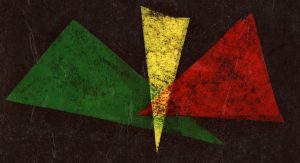 An abstract image of green, yellow, and red triangles overlapping on a black background. Illustration by Ryan Edmund Thiel.