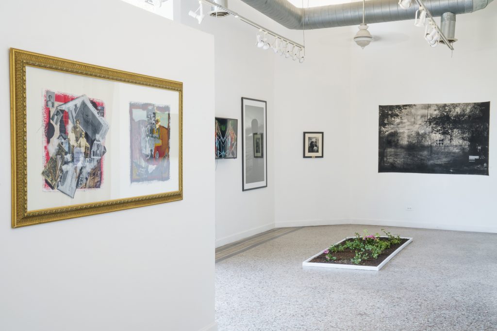 Image: A view of "Dreamscapes: Imaginings of a Black Pastoral" at Roots and Culture. The foreground shows a collage piece on the wall to the left, and the right side of the frame looks into a larger space with various artworks on the wall. A rectangle plot of soil and flowers sits on the floor. Photo by Colectivo Multipolar.