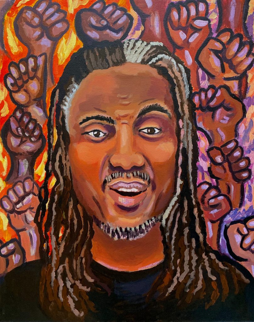 Image: Portrait of David Stovall by Irina Zadov. Image depicts a smiling man from the shoulders up with shoulder length dreads, a black collarless shirt, and a raised eyebrow next to a slightly furrowed brow. Behind him, are Black fists raised from a sea of oranges, reds, and purples. Image courtesy of the artist.