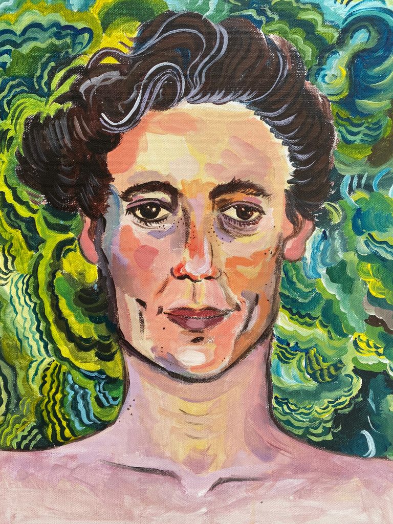 Image: Irina Zadov's self-portrait from the shoulders up. Short, dark, curly hair with some streaks of grey, and a warm-toned face. Behind them are splotchy patterns in shades of blue and green radiating from Zadov. Image courtesy of the artist.