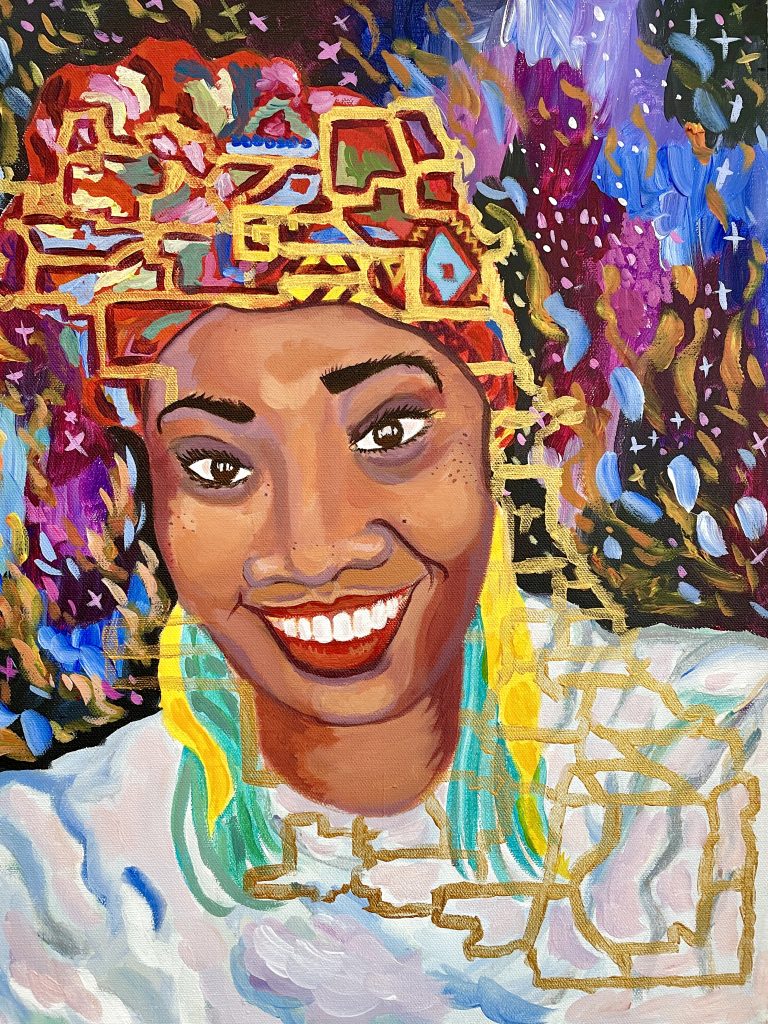 Image: Portrait of Tonika Johnson by Irina Zadov. Image depicts a smiling woman from the shoulders up whose shirt is made of clouds. Surrounding her face is the golden outline of Chicago's ward map. A multi-colored scarf wraps her hair. Behind her are rising feathers and stars in pinks, blues, and yellows. Image courtesy of the artist. 