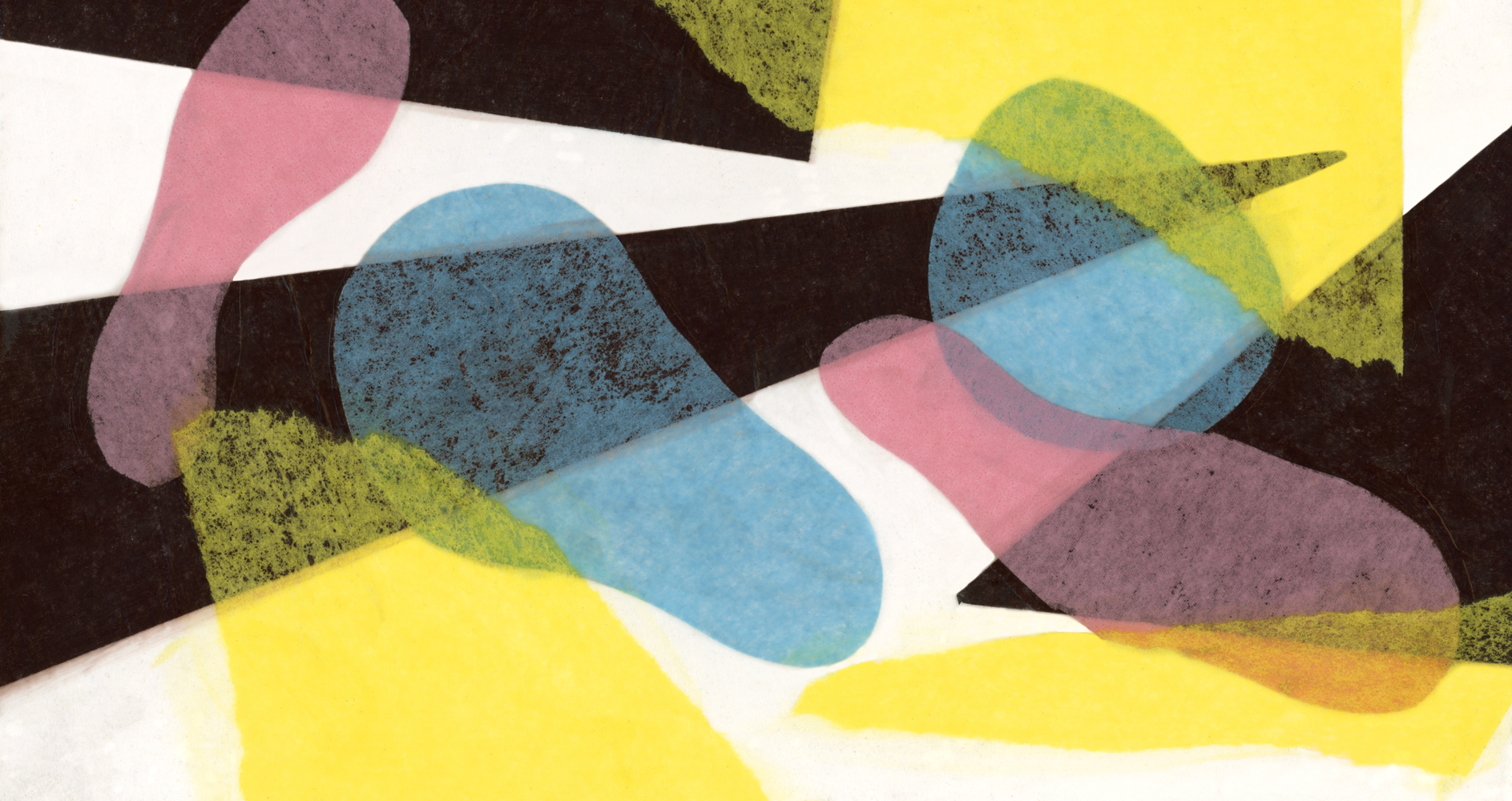 An abstract composition of blue, pink, yellow, and black shapes. Illustration by Ryan Edmund Thiel.