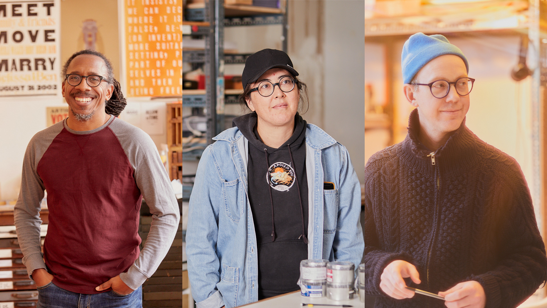 Image: Three portraits side by side. On the left is Ben Blount, standing in his studio smiling. In the center is Nadine Nakanishi standing in a studio space. On the right is Nick Butcher holding his phone and gazing to the side. Photos by Sarah Joyce.