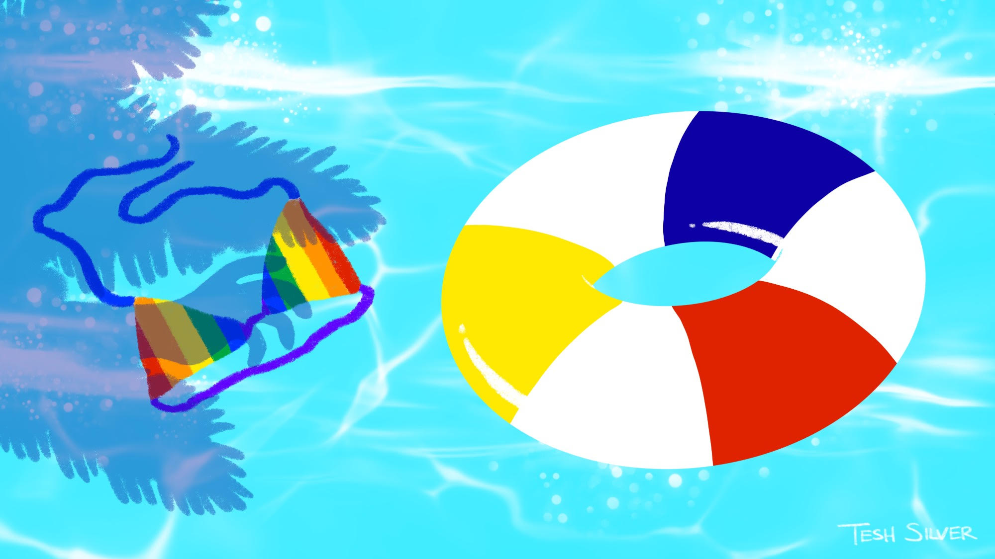 Featured image: A digital painting of a pool with a doughnut-shaped pool float, and a rainbow-colored bikini floating in the pool next to it. Illustration by Teshika Silver.