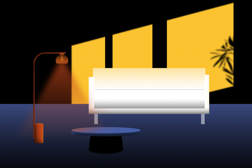 Featured image: A digital illustration of a dark interior space with a white couch and orange lamp. Behind the couch are bright yellow sections of light coming through the window. Illustration by Kiki Lechuga-Dupon.