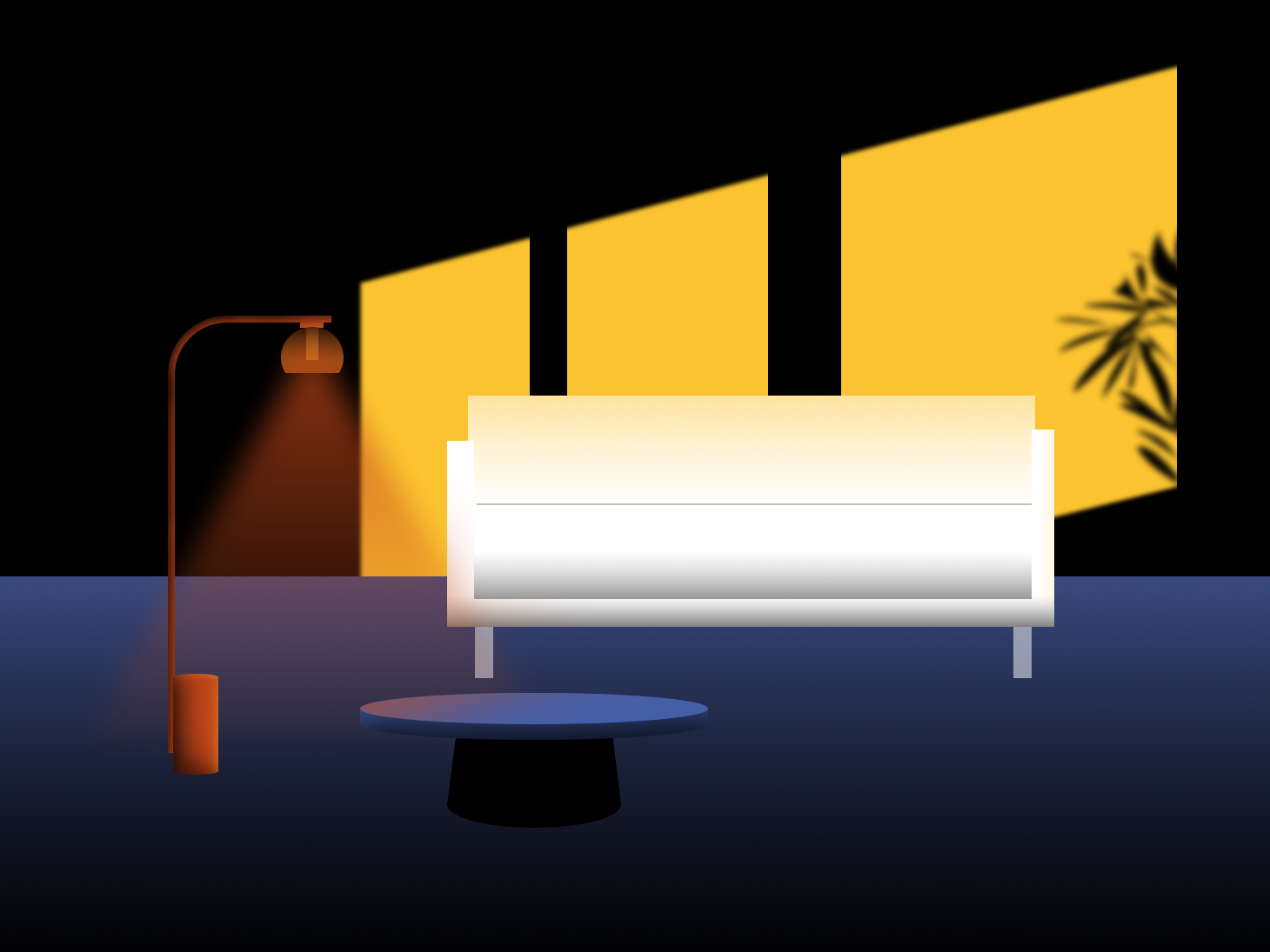 Featured image: A digital illustration of a dark interior space with a white couch and orange lamp. Behind the couch are bright yellow sections of light coming through the window. Illustration by Kiki Lechuga-Dupon.