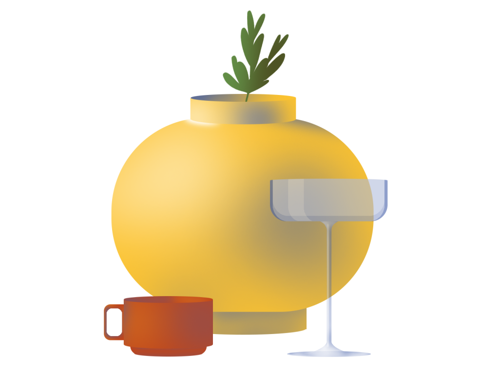 Image: A digital illustration of still life comprised of three Minimalist vessels: an orange mug, a tall wine glass, and a large, round, yellow vase with a small green plant in it. Illustration by Kiki Lechuga-Dupont.