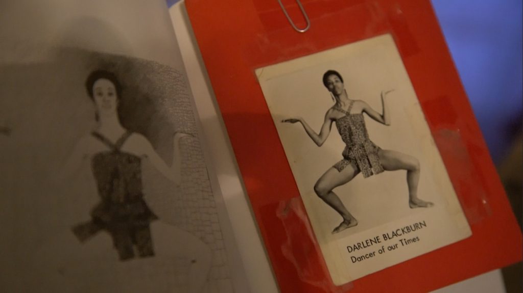 Image: Blackburn was known for her dance interpretation of Egyptian hieroglyphs, using movement to bridge ancient murals back to life in Black Chicago. Blackburn can be seen posing, showing this dance interpretation (1960s). Photo of image by Wills Glasspiegel.