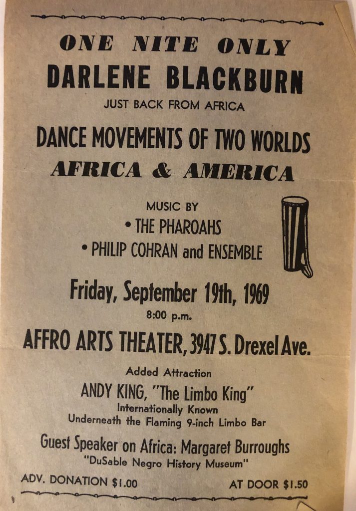 Image: A flyer reading: "ONE NITE ONLY / DARLENE BLACKBURN" for Friday, September 19th, 1969 at the DuSable Museum, Chicago, with Margaret Burroughs as guest speaker. Photo of image by Wills Glasspiegel.