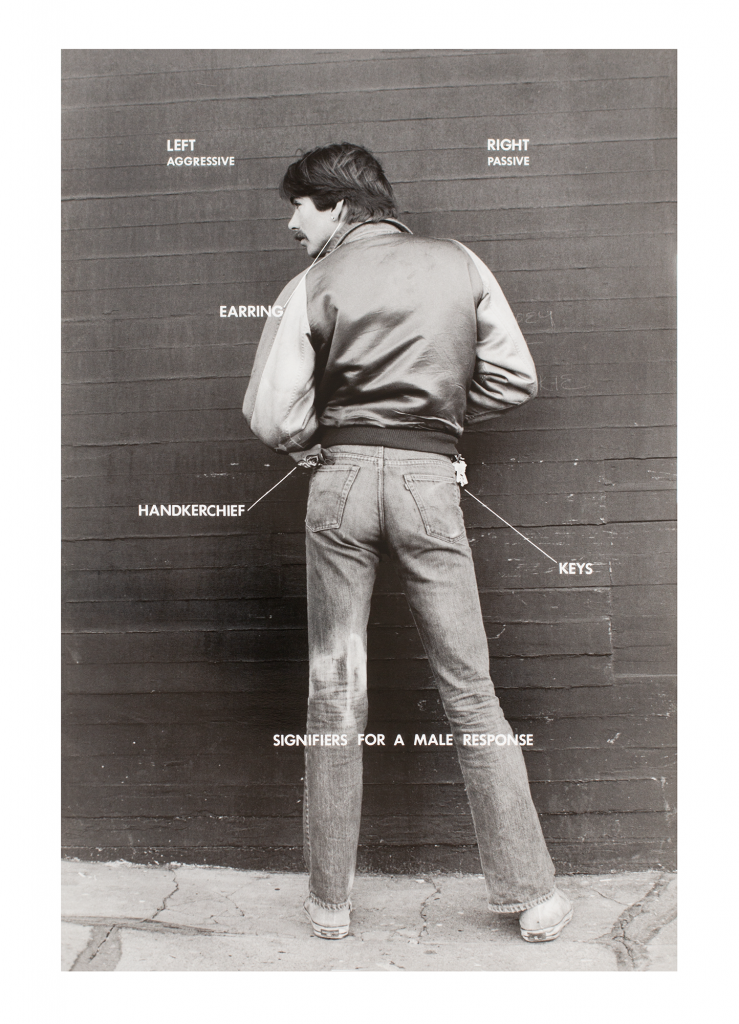 A black and white photograph of a White man standing outdoors on cement facing a dark brick wall, his head turned to the side in revealing his facial profile. He has long hair and a mustache and wears a bomber jacket, jeans, and canvas sneakers. Small white text within the image in all caps reads: SIGNIFIERS FOR A MALE RESPONSE. Additional text diagrams the image: LEFT AGGRESSIVE, RIGHT PASSIVE. And the figure’s earring, handkerchief, and keys are diagrammed with thin white lines and text.