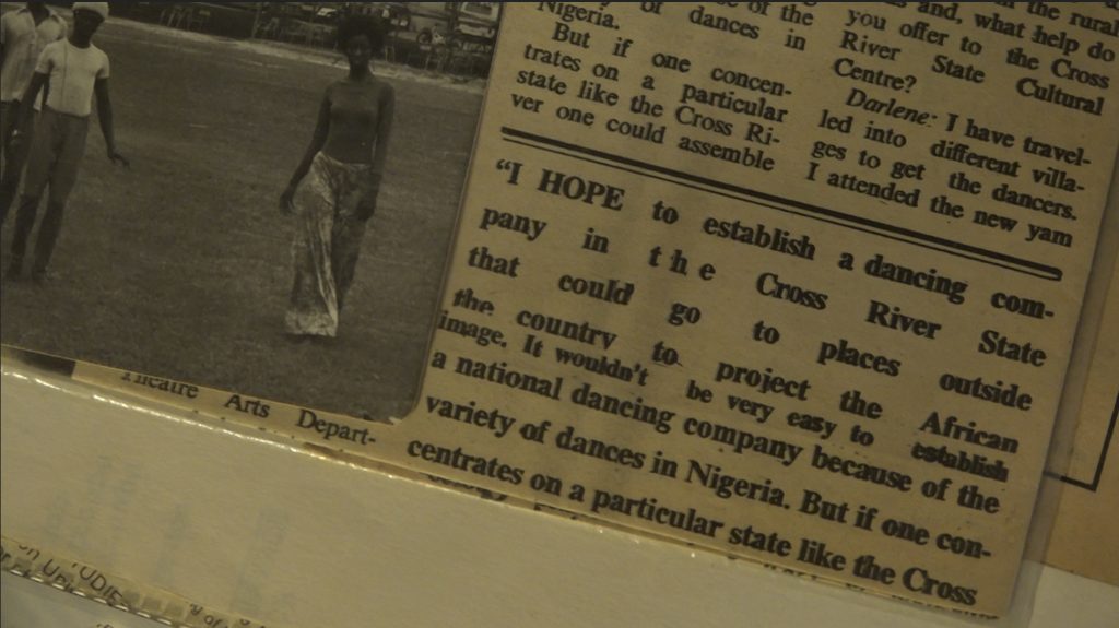 Image: Several Nigerian newspapers featured Blackburn for her work with dancers in Calabar, Cross-River State. The Department of Theatre Arts at the University of Calabar also appointed her to a posting there. The head of the department remarked: “The appointment of Ms. Darlene Blackburn to the staff of the Department of Theatre Arts, University of Calabar, as Artist-in-Residence marked the beginning of a truly professional dance dimension to our production programme. . . Perhaps most important to our immediate concerns, the dancers themselves have learnt, under her close supervision, to organize and choreograph their own material… dance experts in their own ethnic material were required to be flexible enough to learn the movement of other ethnic groups both within and outside our Cross River State.” Photo by Wills Glasspiegel.