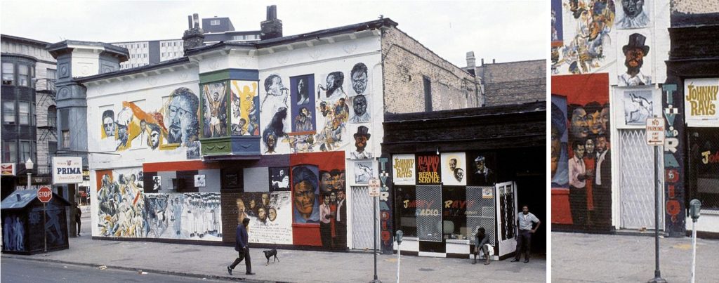 Image: The Wall of Respect, 1968 in the book The Wall of Respect: Public Art and Black Liberation in 1960s Chicago. Blackburn’s image is featured above the gated doorway underneath Ornette Coleman in a top hat. The original photograph of Blackburn on the Wall was taken by esteemed Chicago photographer Roy Lewis. Photo of image by Wills Glasspiegel.