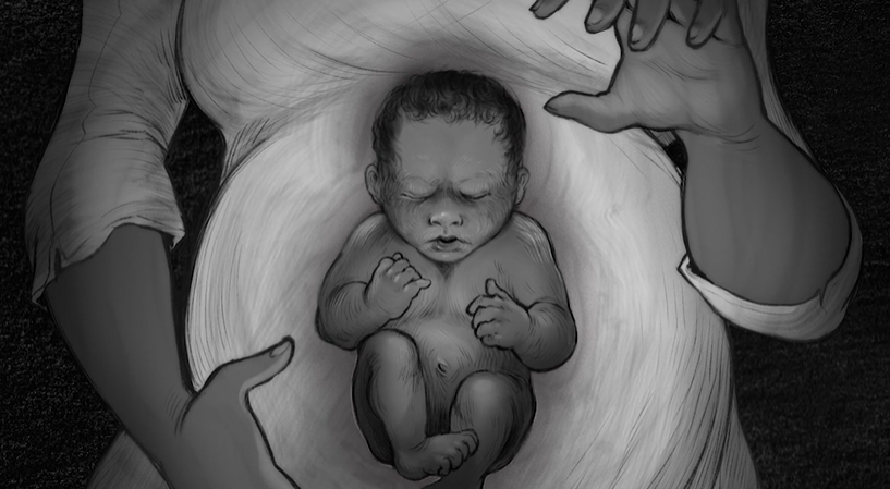 Image: Artwork shows a pregnant woman's belly in black and white. It shows the baby inside; their eyes are closed and they are curled in on themself. The mother's hands hover over the child. Artwork created by Aspen Kowsky, courtesy of Mourning the Creation of Racial Categories Project.