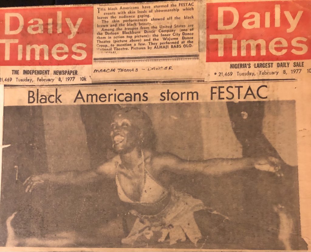 Image: A photo of Darlene Blackburn in one of the many Lagos newspapers she was featured in during FESTAC, 1977. The top reads: "Black Americans storm FESTAC". Photo of image by Wills Glasspiegel.