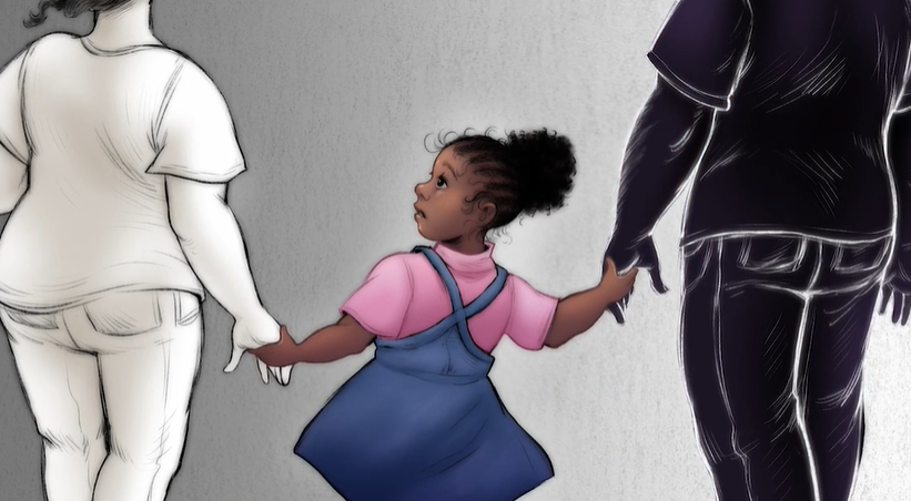 Image: Artwork showing a Black appearing toddler standing between a man and a woman. She holds both her hands but looks towards the woman. The entire scene is in Black and White except for the toddler. Her skin is brown. She wears a denim dress and a pink t-shirt. The mother is completely washed in white. The father is completely washed in black. Artwork created by Aspen Kowsky.
