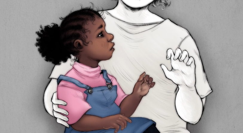 Image: Artwork showing a Black-appearing toddler sitting on a woman's lap. The girl wears a denim dress and a pink t-shirt. The mother is not in color. She is completely washed in white. Artwork created by Aspen Kowsky, courtesy of Mourning the Creation of Racial Categories Project.