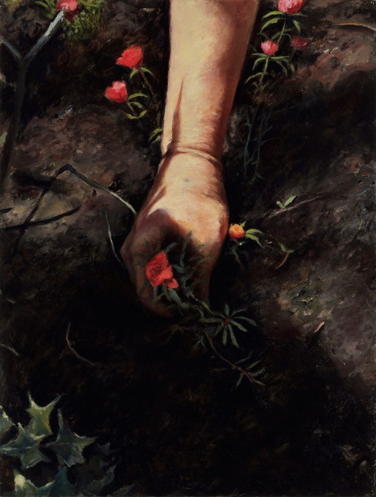 Image: Elsa Muñoz, Manoy y Tierra 2, 2019. A painting of a view top down looking at a hand picking a red flower. Around the hand are a couple other red flowers, dirt, and green leaves. Courtesy of the artist.