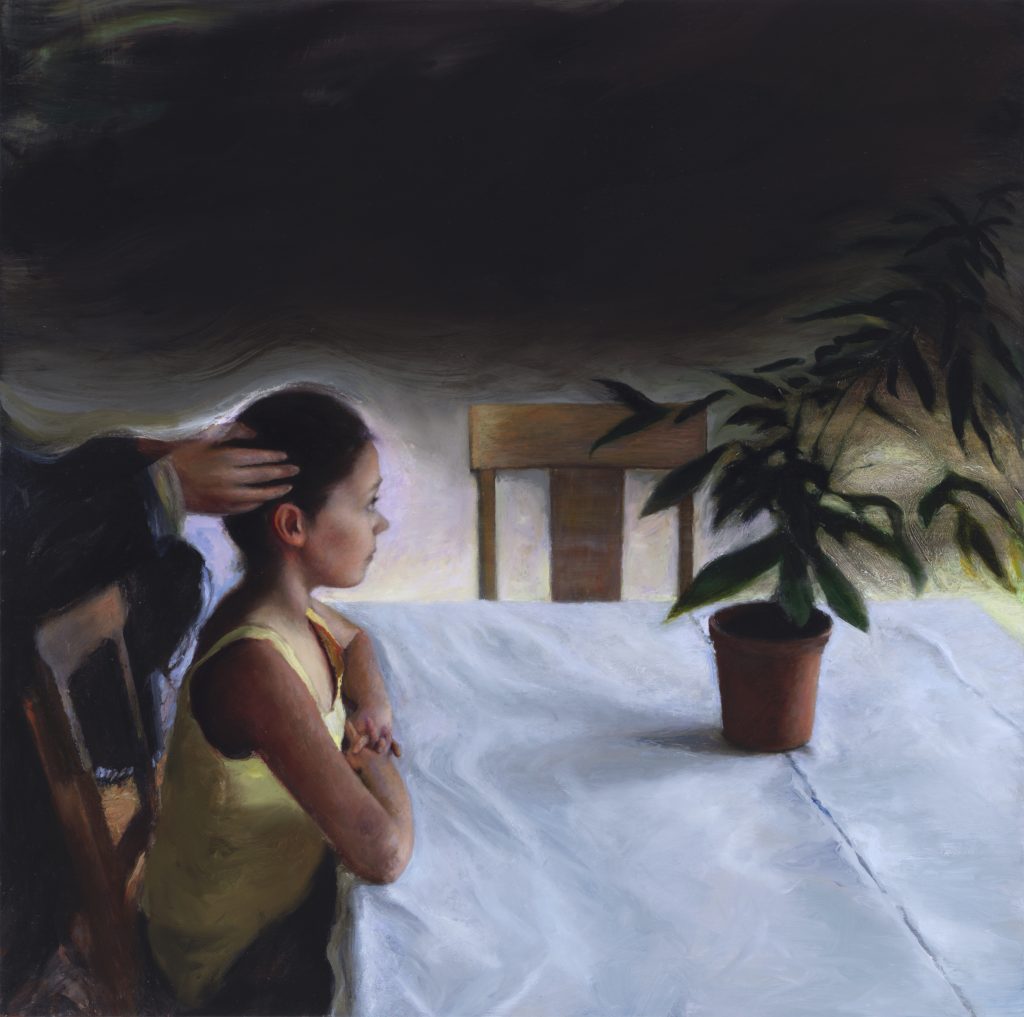 Image: Elsa Muñoz, Primordial Conversations, 2020. A painting of a girl with brown hair sitting at a table wearing a yellow shirt. The table has a white cloth covering it and two wooden chairs. The girl is looking at a plant sitting on the table while a person behind her pulls the girl's hair into a ponytail. Courtesy of the artist.