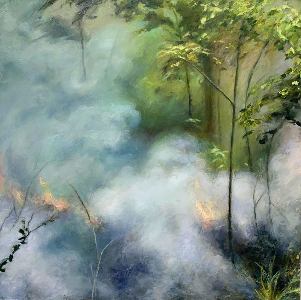 Image: Elsa Muñoz, Sahumacion, 2021. A square painting of a controlled burn in nature. We see mostly bluish smoke with embers of fire, with some green coming through on the right side of the composition. Courtesy of the artist.