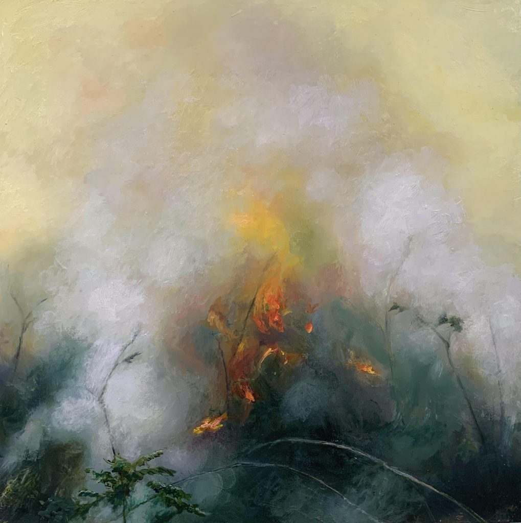 Image: Elsa Muñoz, World as Self, 2021. A square painting of a controlled burn in nature. We see mostly yellowish smoke with embers of fire in the center, with some brush coming through on the bottom of the composition. Courtesy of the artist.