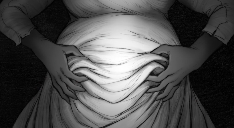 Image: Artwork showing a black and white image of a pregnant woman's belly. The woman wears a white dress. The woman clutches at the fabric of her dress. Artwork created by Aspen Kowsky, courtesy of Mourning the Creation of Racial Categories Project.