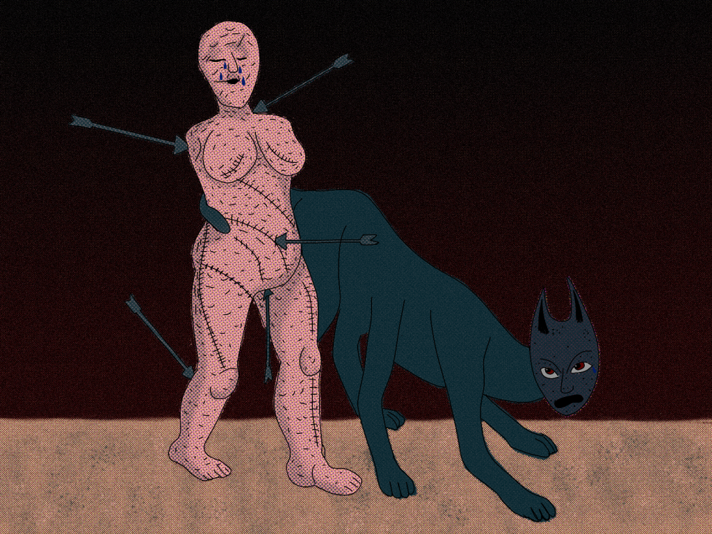 Image: An illustration of a person that has no arms and has been sewn together. The person has arrows going into their body and is walking next to a black cat. Illustration by Sammi Crowley / @notcoolart.