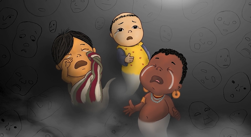  Image: Illustration of three small babies of color. They float like ghosts against a gray background. Tears run down their faces. Artwork by Tabitha Kelly, courtesy of Mourning the Creation of Racial Categories Project.