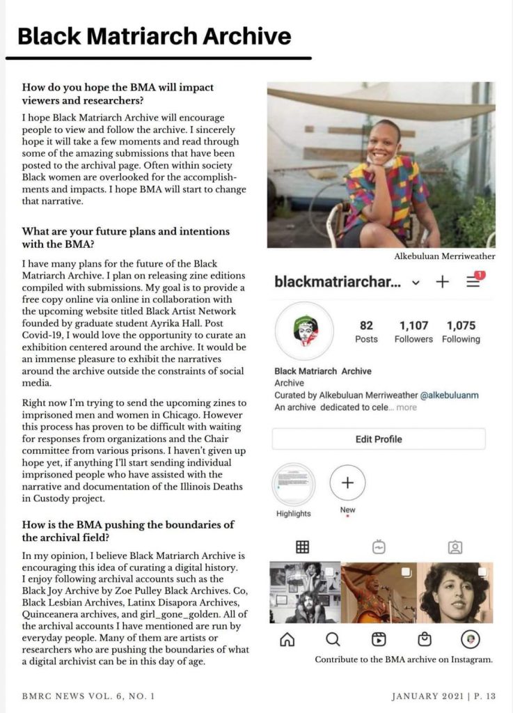 Image: Screenshot of Black Matriarch Archive interview in Black Metropolis Research Consortium newsletter. Image courtesy of kee mabin.