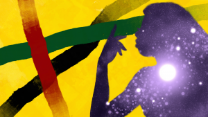 Image: An illustration of a silhouette of a woman with her hand in the air. Inside her silhouette are starts in outer space. She is in front of a yellow background with different colored lines going across the composition. Illustration by Teshika Silver.
