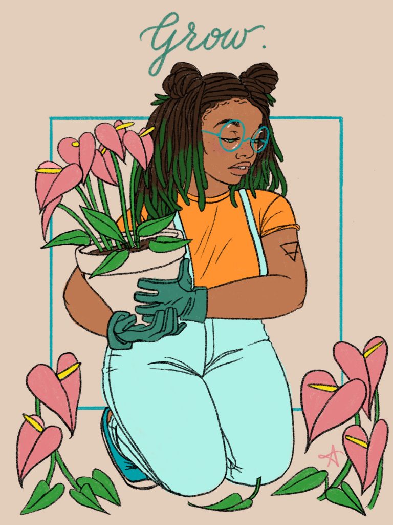 Image: A digital illustration by Teshika silver of a Black woman crouching down on her knees to garden. She is wearing gardening gloves and holding a plant. Above her is the word "grow". Image courtesy of the artist.