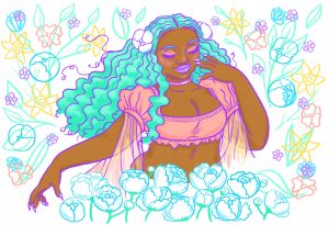 Featured image: A digital illustration by Teshika of a femme person of color. She is wearing a pink shirt with matching pink eyeshadow and has long, wavy, light blue hair. Surrounding her are pink, light blue, and yellow flowers. Image courtesy of the artist.