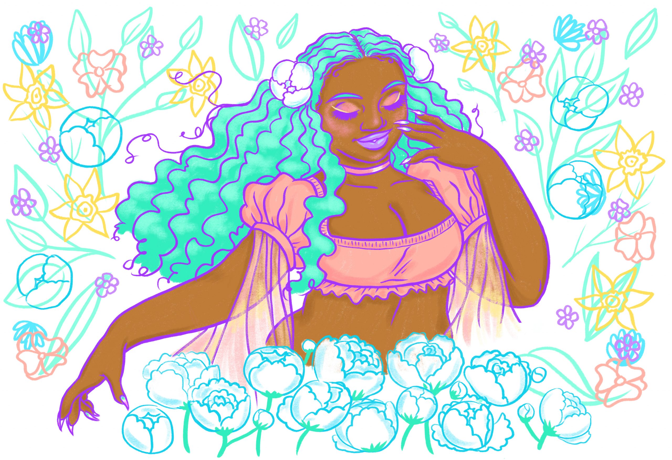 Featured image: A digital illustration by Teshika of a femme person of color. She is wearing a pink shirt with matching pink eyeshadow and has long, wavy, light blue hair. Surrounding her are pink, light blue, and yellow flowers. Image courtesy of the artist.